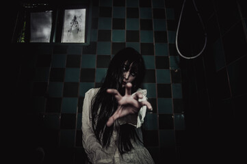 Portrait of asian woman make up ghost,Scary horror scene for background,Halloween festival...