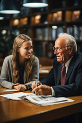 A young business woman discussing with an elder man an investment banker in an office. Generative AI