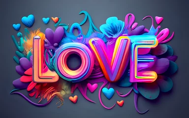 Fotobehang Name "Love" written on the background, small colorful touches of 3D paint and with colorful flowers and pink and purple smoke included. Everything in front with hearts in neon, 3D rendering, © Naveed