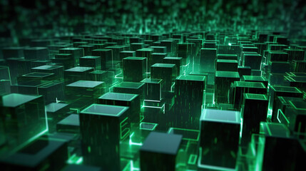 Digital Abstract of Green Color Dot Matrix Cubes Pattern Selective Focused Background