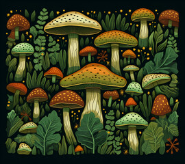 pattern with mushrooms,isolated,fungi,green,agaric,mushrooms,Ai generated 