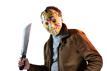 man in maniac movie hockey mask and machete in halloween costume on friday