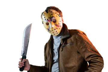 man in maniac movie hockey mask and machete in halloween costume on friday