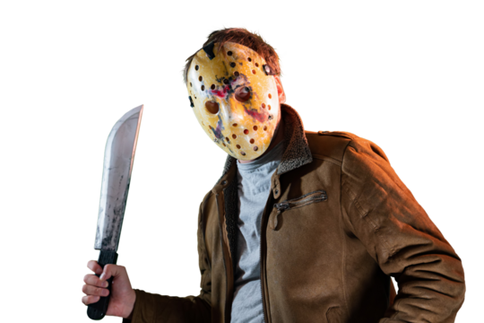 man in maniac movie hockey mask and machete in halloween costume on friday