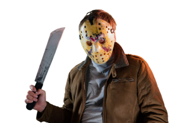 man in maniac movie hockey mask and machete in halloween costume on friday