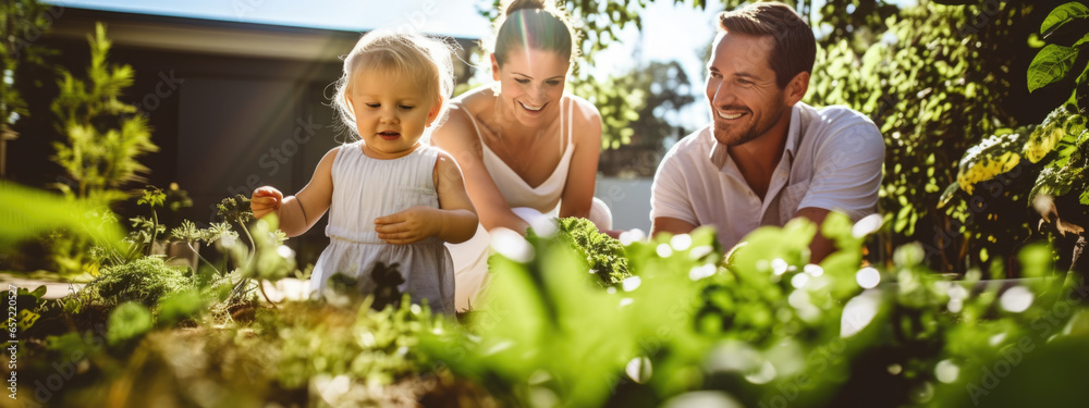 Wall mural Family with children are gardening by caring for plants in their backyard