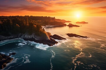 Obraz premium Rocks with a forest near the sea on the background of sunset. View from above. Beautiful nature. Natural landscape. 