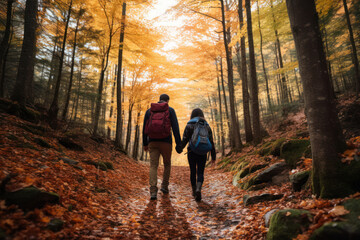 Fototapeta premium Couple hiking on a forest trail covered in colorful leaves, highlighting their love for outdoor adventures. Generative Ai