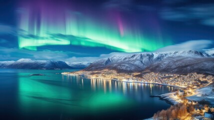 Beautiful northern lights or Aurora borealis in the sky over Trom