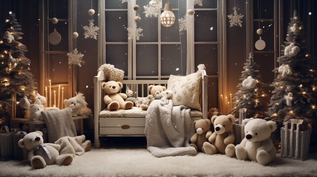 baby room decoration with teddy bear and Christmas tree  generated by AI tool 