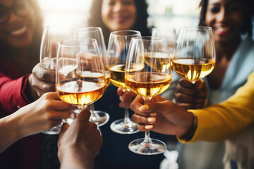 Group of friends toasting with wine glasses at a festive lunch party
