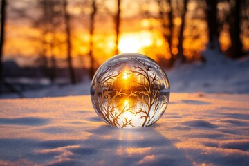 Quartz ball on snow in winter scenery. Ideal for solstice and yule rituals. Generative AI - obrazy, fototapety, plakaty