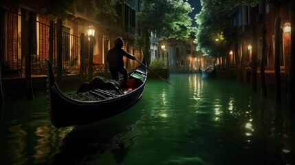 Venetian gondolier punting gondola through green canal - obrazy, fototapety, plakaty