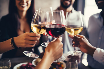 Group of friends toasting with wine glasses at a festive lunch party - Powered by Adobe