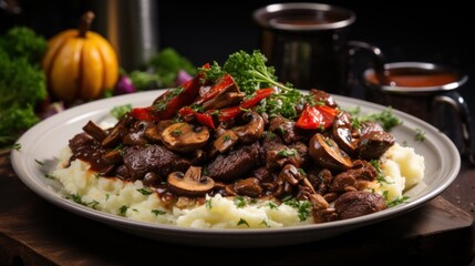 Rich beef bourguignon with mushrooms and red wine sauce
