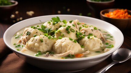 Fototapeta na wymiar Flavorful chicken and dumplings with vegetables and herb