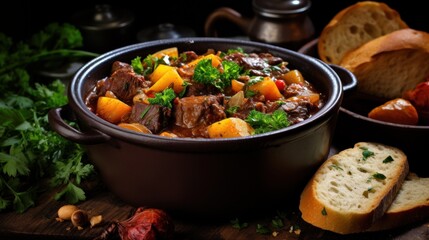 Hearty beef stew with vegetables in a rustic pot