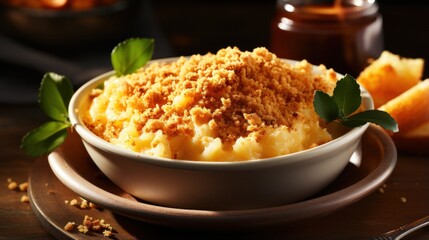 Comforting bowl of macaroni and cheese with bread crumbs