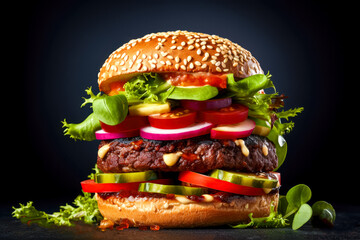 Delicious hamburger with beef patty, lettuce and tomato on black background