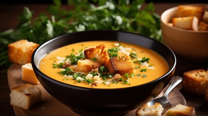 Creamy pumpkin soup garnished with croutons and parsley