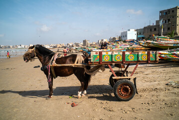 Une charrette de transport sur la plage de Yoff dans la ville de Dakar au Sénégal en Afrique - obrazy, fototapety, plakaty