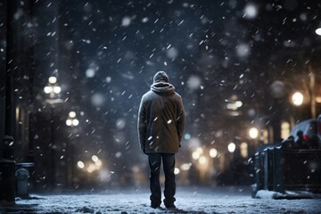 Man walking in the winter city at night under heavy snowfall. - obrazy, fototapety, plakaty