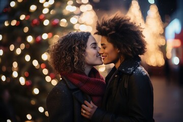 Two beautiful young women in warm clothes kiss on the background of the Christmas tree.