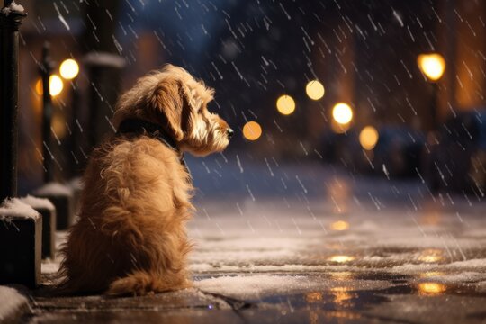 Cute little dog in the rain on the street at night.