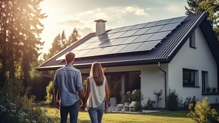 A couple at the entrance of a house with solar panels