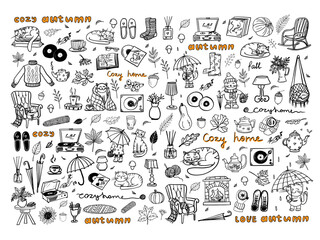 Big cute set of cozy autumn and cozy home in doodle style. Great for decoration interior, print posters, banner, greeting card, decoration, packaging. Isolated on white background.