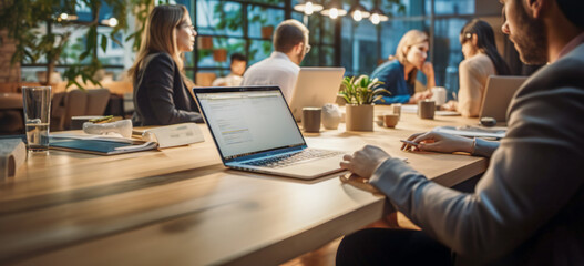 Office colleagues having discussion during meeting in conference room. Group of men and women sitting in conference room 
