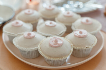 Pink and white Cupcakes in the Tits shape for newborn or baby birthday party