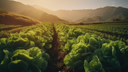 Lettuce field in the morning with sun rays and mountains in the background - obrazy, fototapety, plakaty