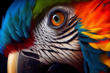 Foto auf Glas Amazing colors in nature. Beautiful eye wild parrot bird Great-Green Macaw close-up on nature background. © PaulShlykov