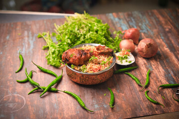 chicken dum biryani closeup with selective focus and blur