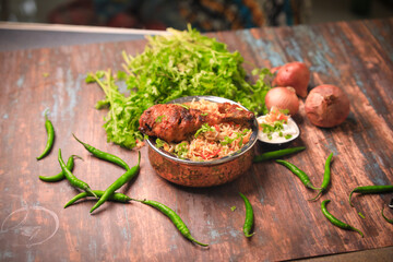 chicken dum biryani closeup with selective focus and blur