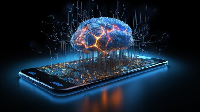 Inteligencia Artificial, Cerebro en el mundo digital, IA en smartphone, negocios, redes. imagen generativa