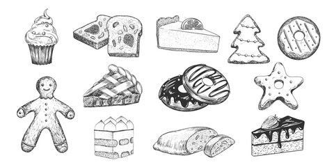 Set of desserts. Hand drawn cake, cheesecake, tiramisu, gingerbread, donuts, apple pie, stollen, cupcake, chocolate. Sketch style collection of sweets isolated in white background. Engraving style