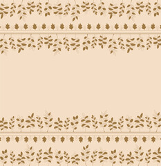 Square frame with golden twigs, autumn background with golden leaves.