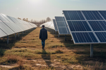 A man walks by the solar panels. AI Generated