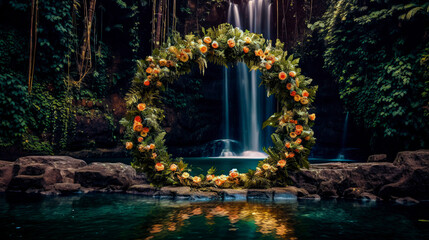 Wedding Backdrop Floral Hoop Waterfall, Wedding, Portrait, Engagement, Ceremony, Tropical Waterfall & Floral Hoop Background, Wedding Props