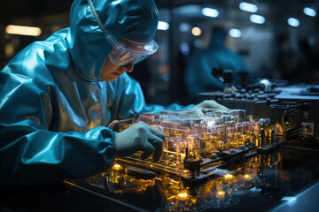 A scientist in a clean room working on advanced technology, showcasing human innovation and progress. Concept of technological advancement. Generative Ai.