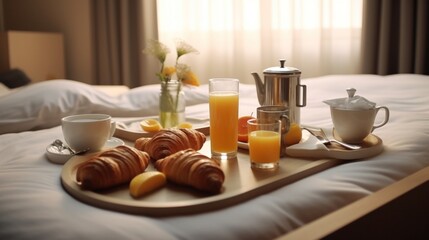 Breakfast on a bed in a hotel room.Generative AI
