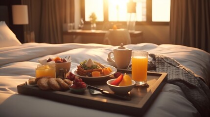 Breakfast on a bed in a hotel room.Generative AI