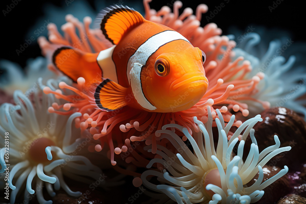 Sticker A clownfish poking its head out of an anemone with curious expressions, looking amusingly perplexed. Concept of animal curiosity. Generative Ai.