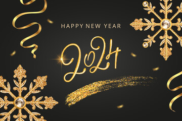 2024 New Year vector poster holiday greeting card, premium luxury 3d gold shiny snowflake ornament decoration number lettering glitter confetti on a black background