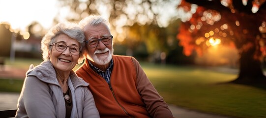 woman man senior couple happy retirement together elderly hug active bonding park outdoor sitting bench leisure fun smiling love old nature wife happiness mature - obrazy, fototapety, plakaty