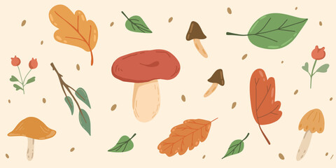 Atmospheric set of autumn leaves and mushrooms, isolated on light background