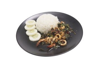 Stir fried Thai basil with Sea Food and a fried egg isolated on white background.