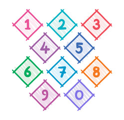 0-9 numbers in colored squares. hand drawn 0-9 numbers for school, education, business